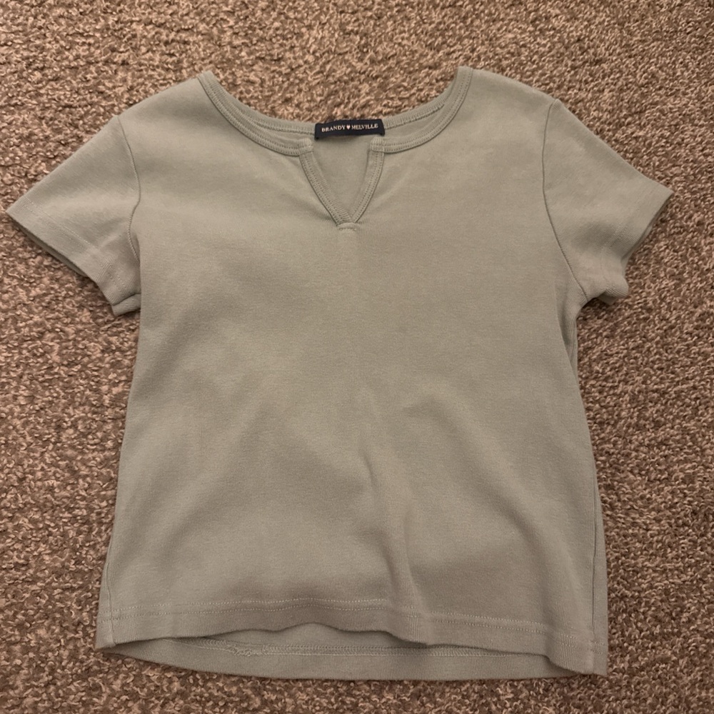 Brandy Melville Sage Green V-Notch Short Sleeve Top